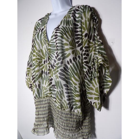 Ashley Stewart 18W Top Blouse Semi Sheer Abstract Smocked Green White Artsy Boho - Picture 3 of 11
